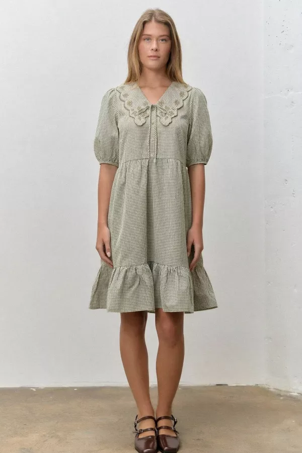 GINGHAM PRINT EMBROIDERED DRESS in Ivory multi  - Image 1